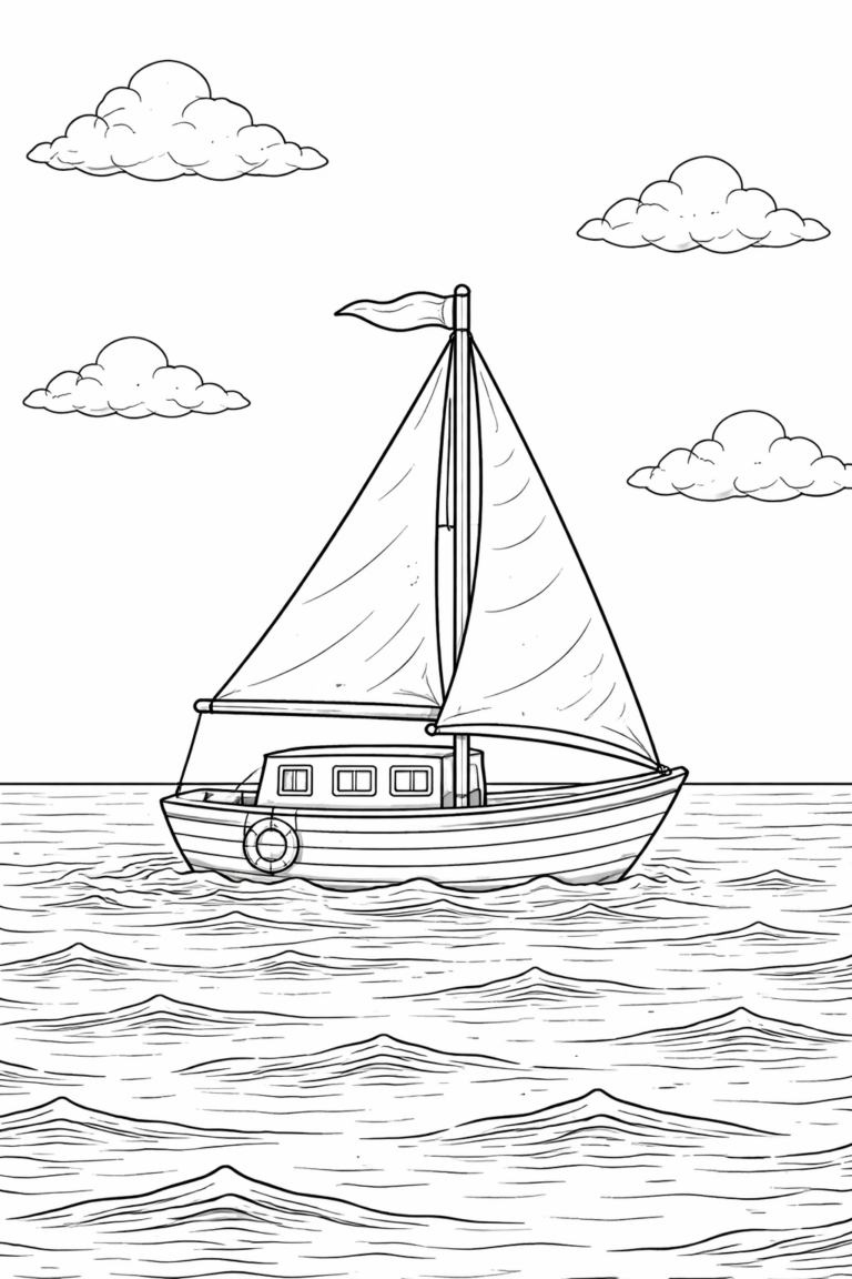 A coloring page depicting a sailboat navigating through the ocean waves under a sky scattered with clouds. Perfect for children who enjoy nautical themes and coloring fun. Encourages creativity with its detailed sail and hull.