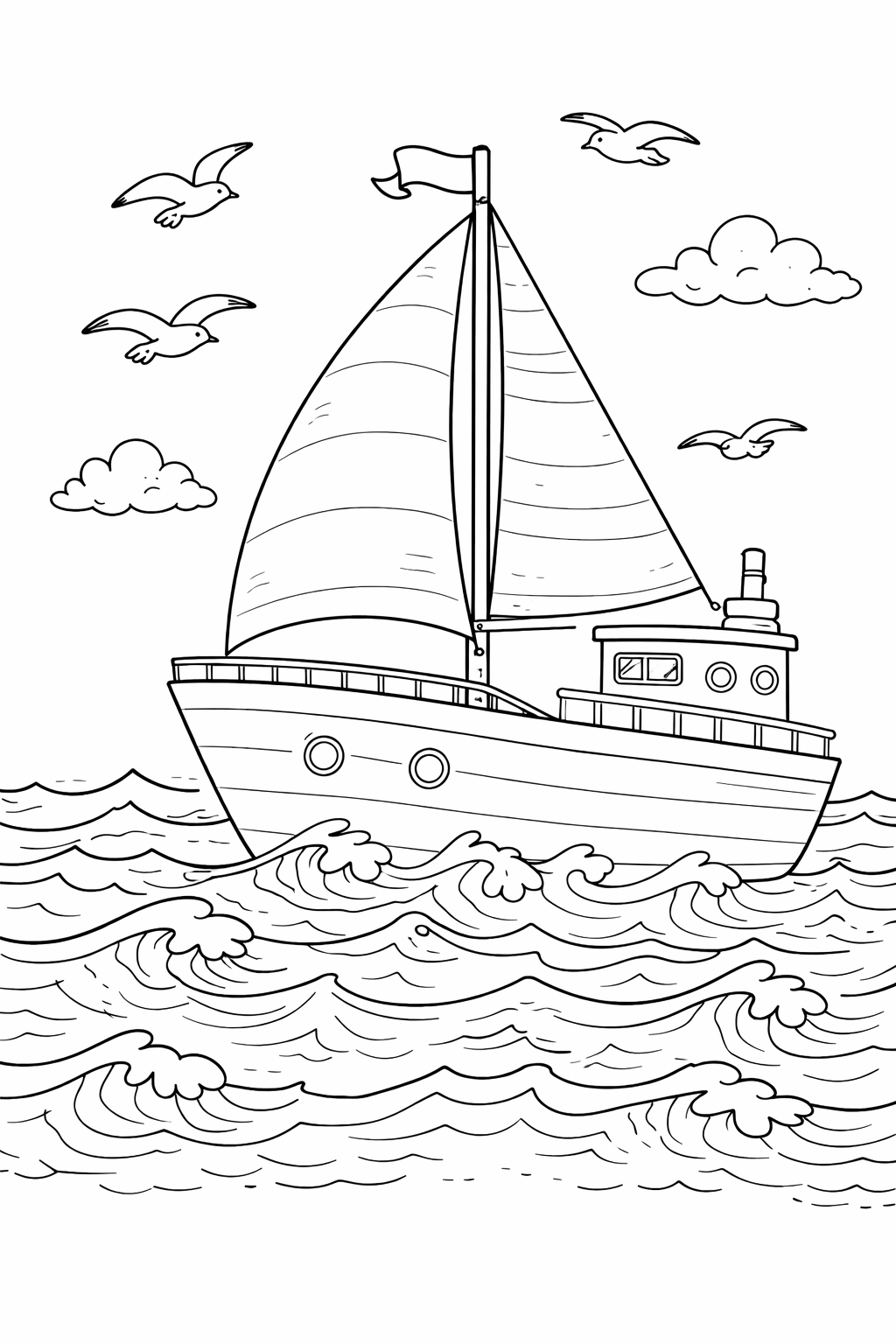 Coloring page depicting a sailboat navigating waves under a sky filled with seagulls and clouds. Perfect for kids to explore marine adventures while coloring.