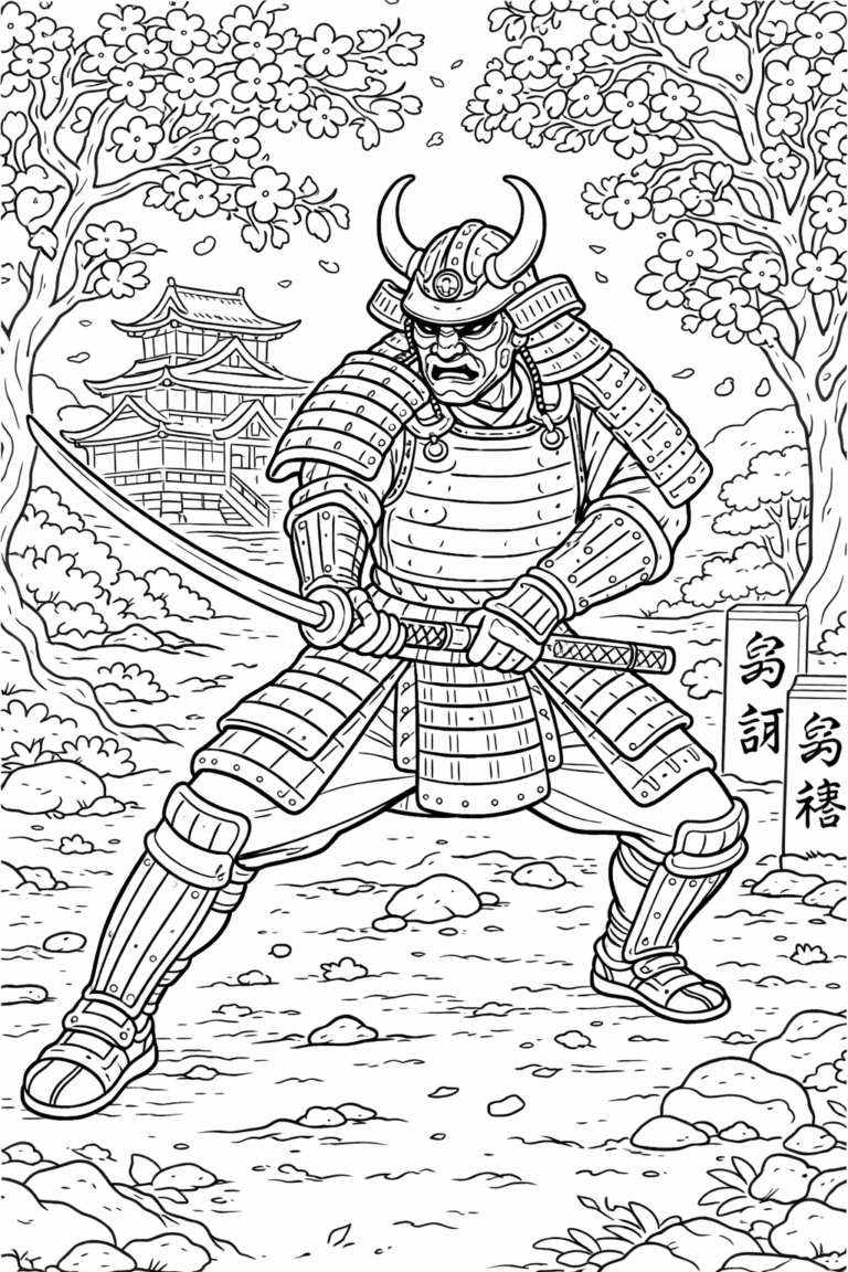 A detailed coloring page depicting a samurai warrior standing in armor with a sword. Cherry blossoms and a traditional Japanese building enhance the historical scene, making it ideal for creative coloring.