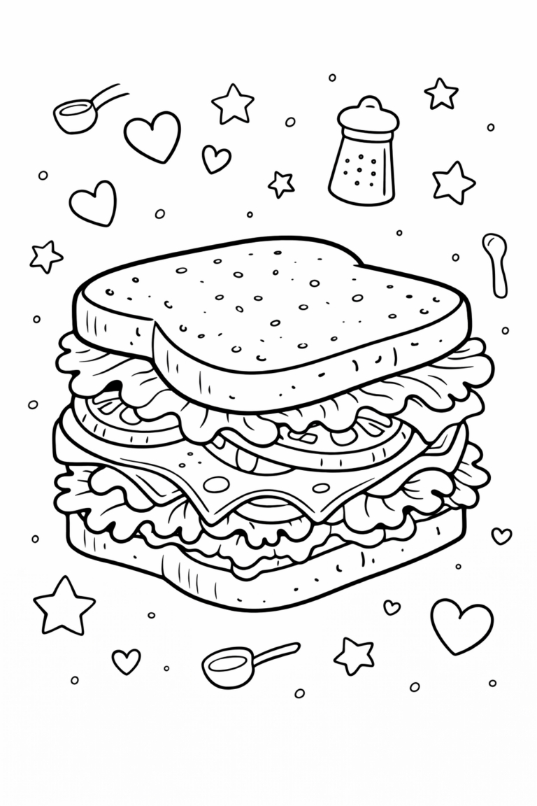 A delightful coloring page featuring a layered sandwich with toppings like lettuce and cheese, and surrounded by hearts and stars, perfect for kids.