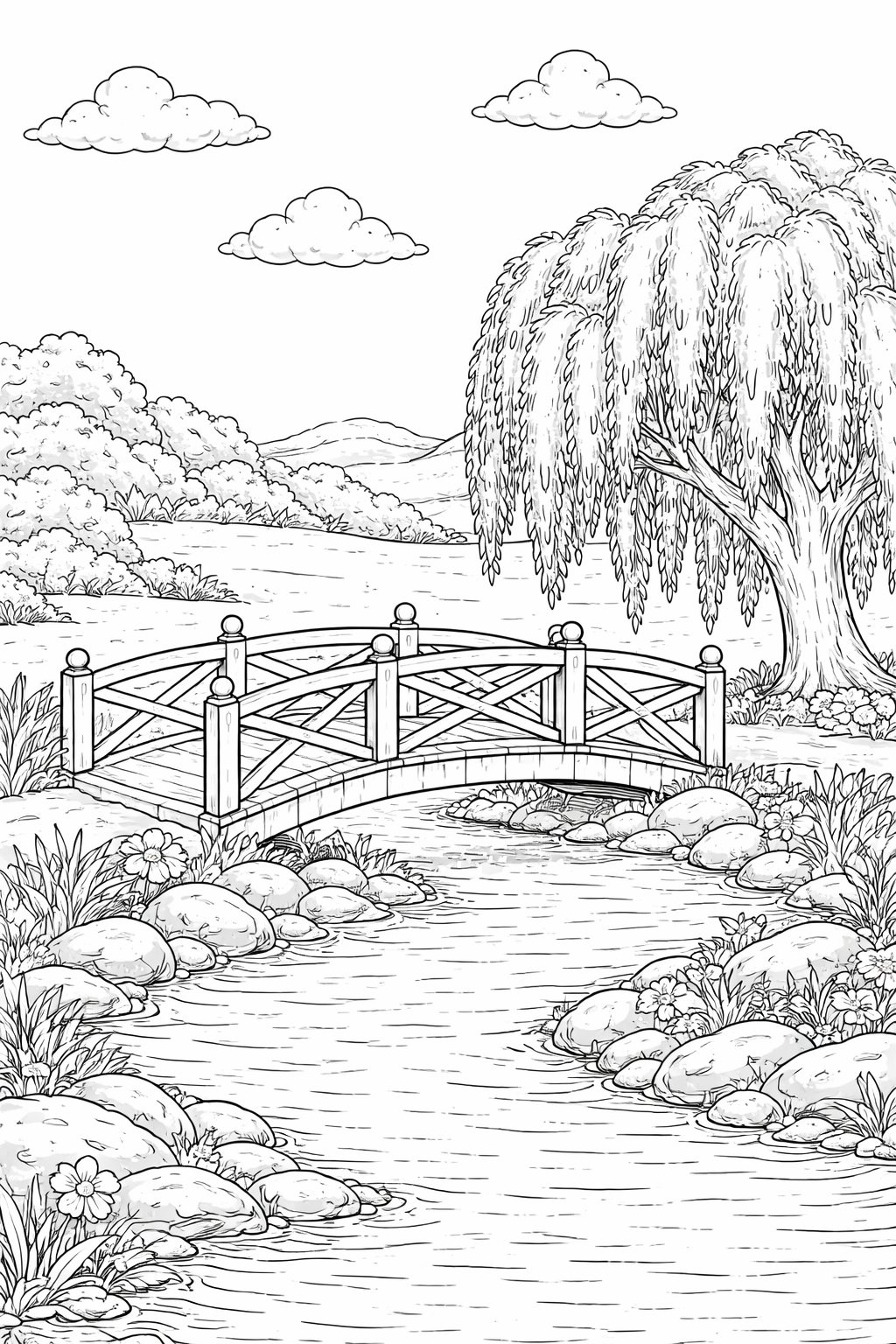 Children's coloring page featuring a scenic landscape with a wooden bridge, serene stream, willow tree, and lush greenery, set against a backdrop of fluffy clouds.
