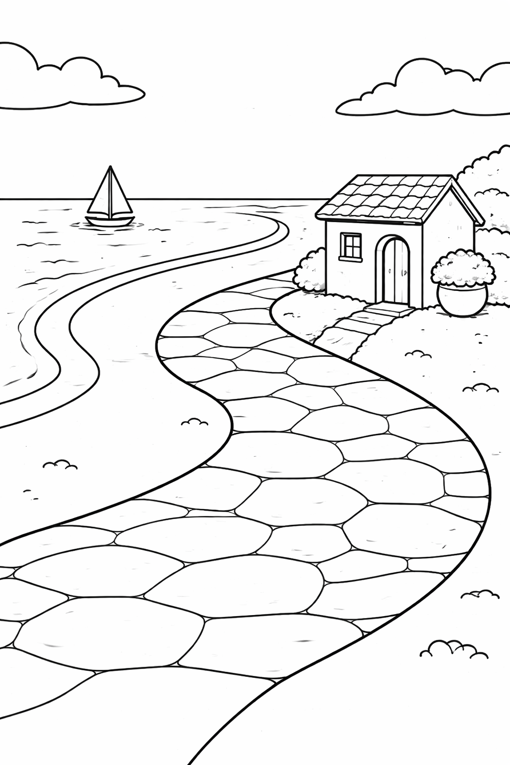 A coloring page featuring a quaint seaside cottage with a path leading to the ocean. A sailboat is on the water, and the sky is clear, providing a peaceful and inviting scene for children to color.