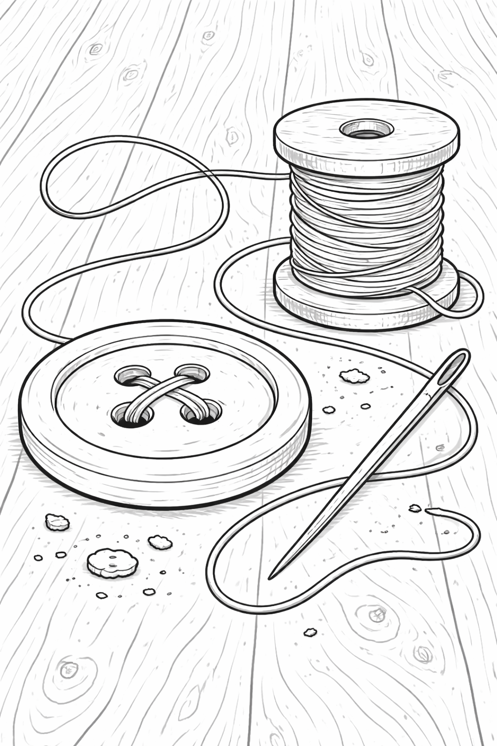 A children's coloring page showing a button, spool of thread, and needle on a wooden surface. Perfect for young craft enthusiasts to learn about sewing tools through art.