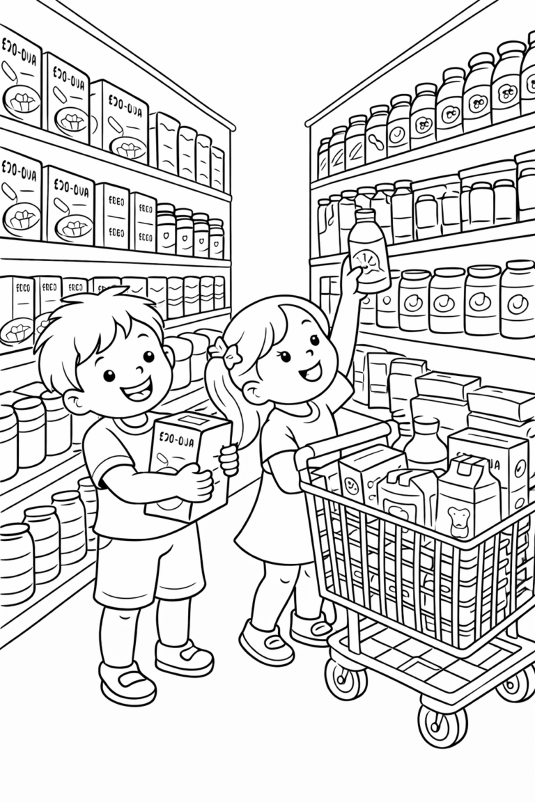 Two cheerful children engaging in a shopping adventure. They are in a grocery store, excitedly filling a cart with various items. The scene is lively and engaging, ideal for coloring as it captures a playful shopping experience.