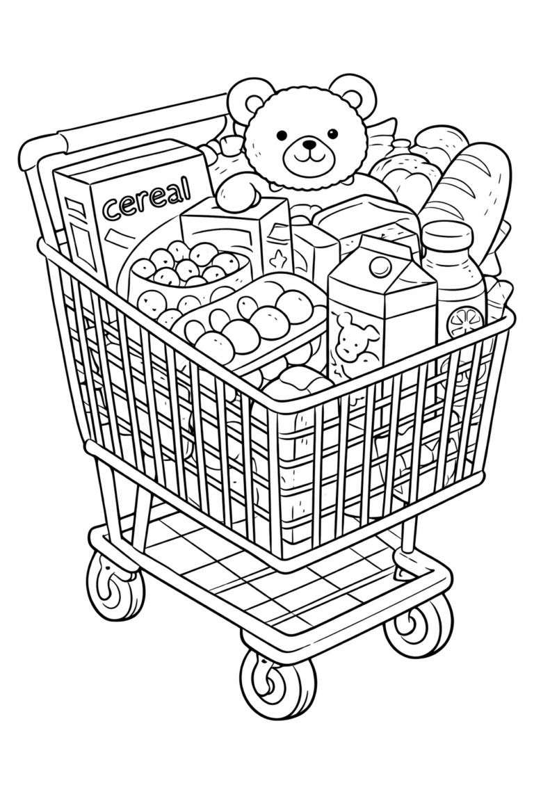 A teddy bear sits in a shopping cart filled with groceries like cereal, fruits, milk, and bread. Children can color these items and explore their creativity.