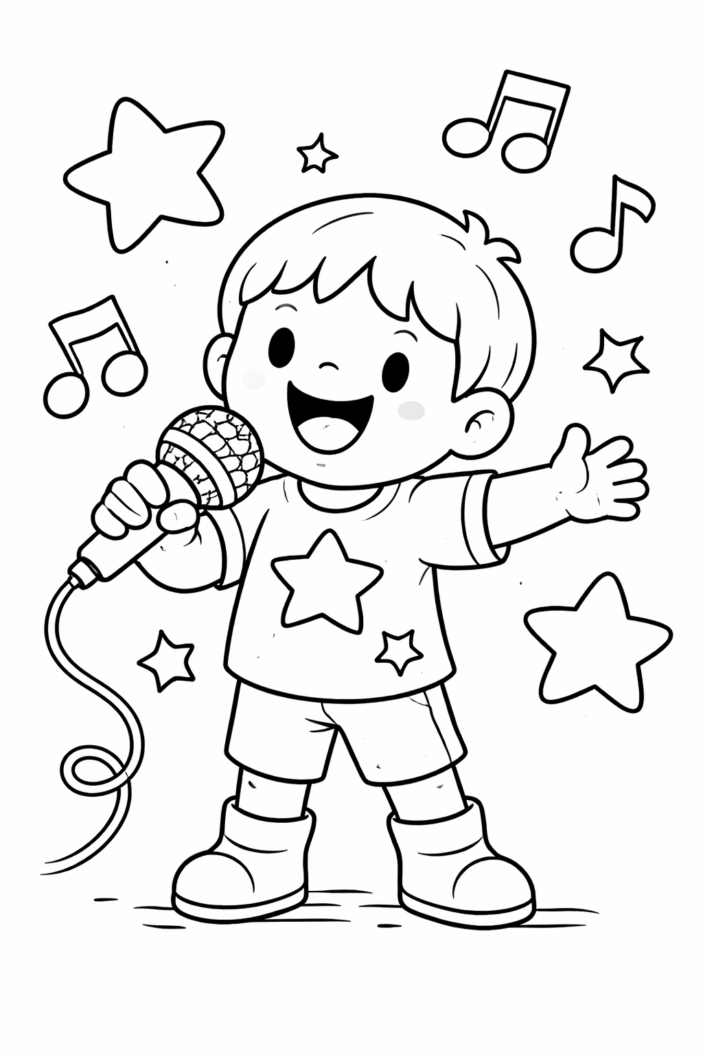 A child happily singing into a microphone, surrounded by stars and musical notes. The scene captures a joyful and imaginative musical theme perfect for kids to color.