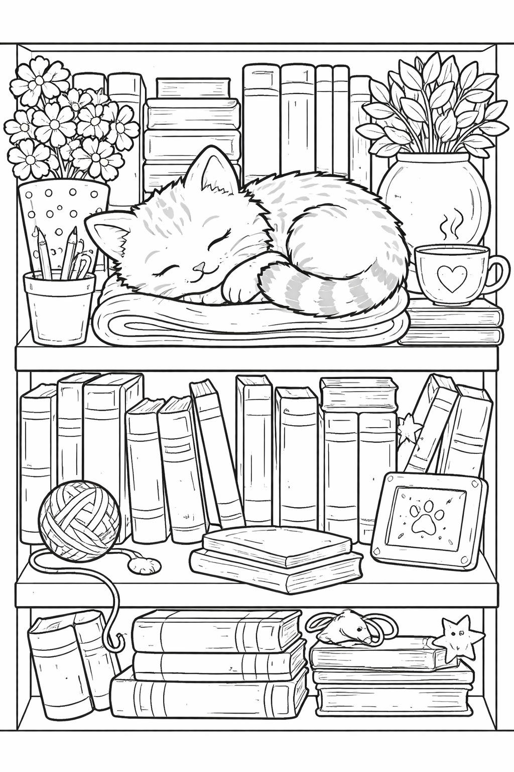 A cute coloring page with a sleeping cat on books, surrounded by flowers, a ball of yarn, and a cup of tea. Children can color the detailed shelves and items.
