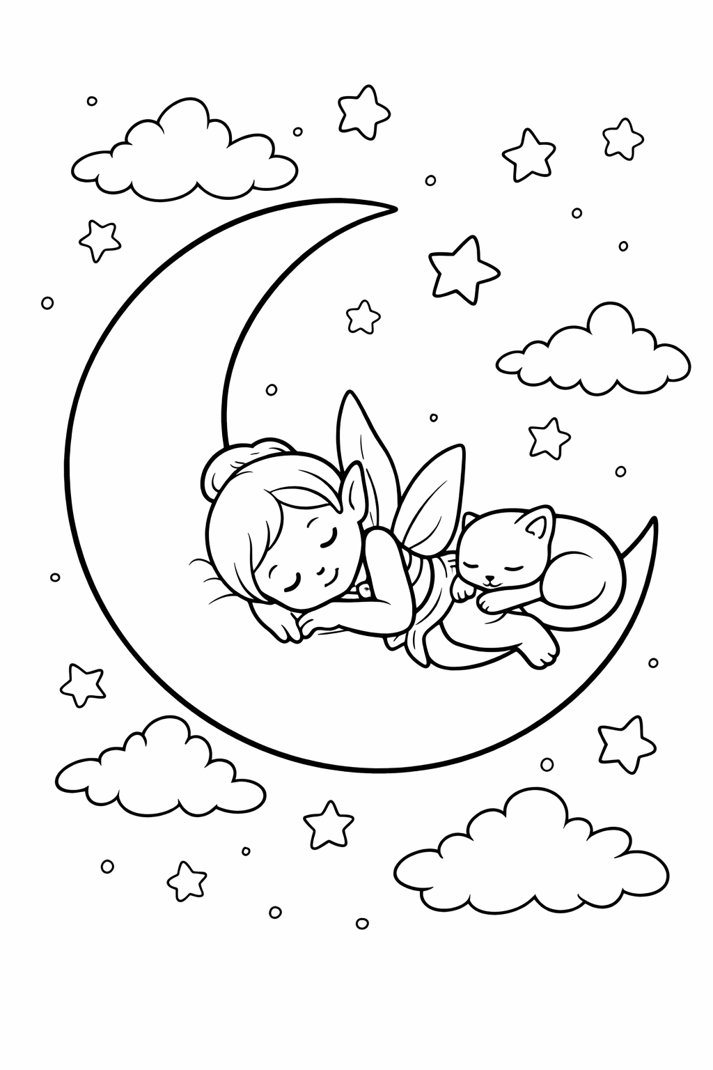 A serene scene of a sleeping fairy resting on a crescent moon, alongside a small cat. The background includes stars and clouds, inviting creativity as children color this magical fantasy illustration.