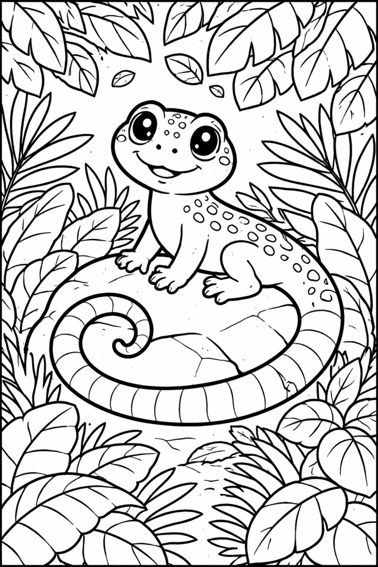 A charming coloring page of a smiling gecko on a rock surrounded by tropical leaves. This fun scene encourages children to express their creativity and enjoy coloring a delightful natural setting.