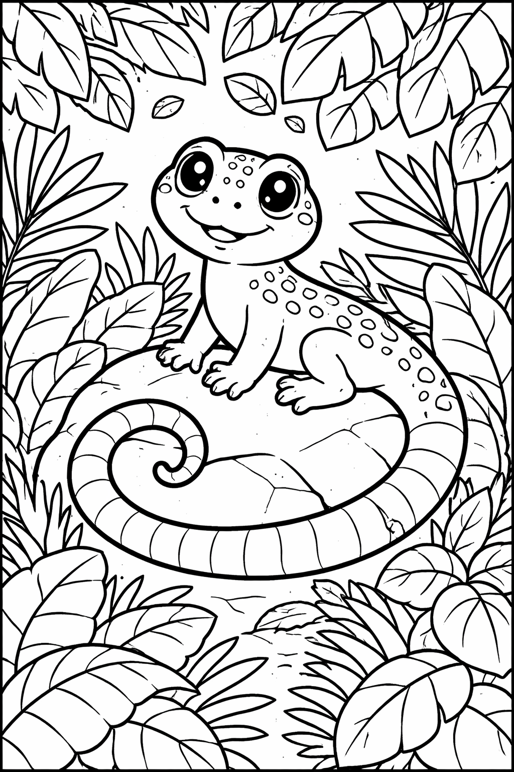 A charming coloring page of a smiling gecko on a rock surrounded by tropical leaves. This fun scene encourages children to express their creativity and enjoy coloring a delightful natural setting.
