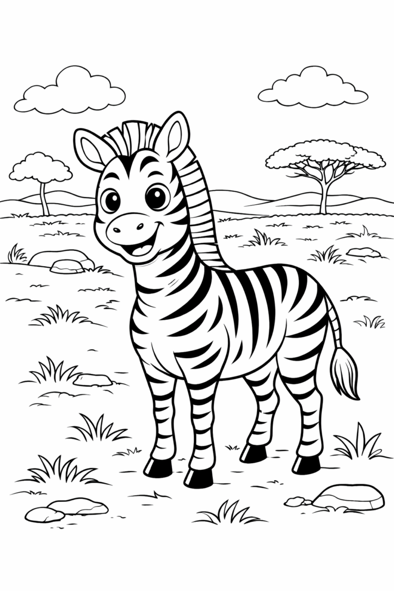 A happy zebra with black and white stripes is standing on a savanna landscape, surrounded by trees, grass, and rocks. The zebra has a joyful expression, making it inviting for children to color and learn about wildlife.