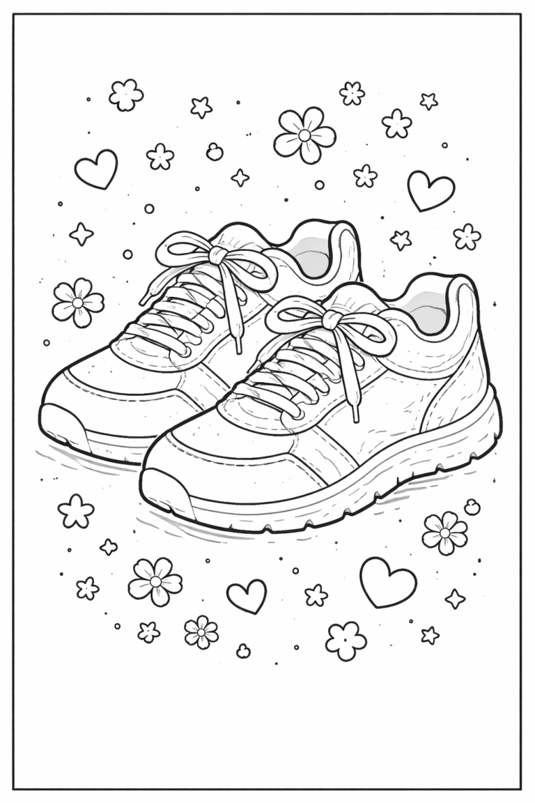 A pair of sneakers with laces surrounded by hearts and flowers, ideal for children to color. This coloring page encourages creativity with its fun and intricate design.