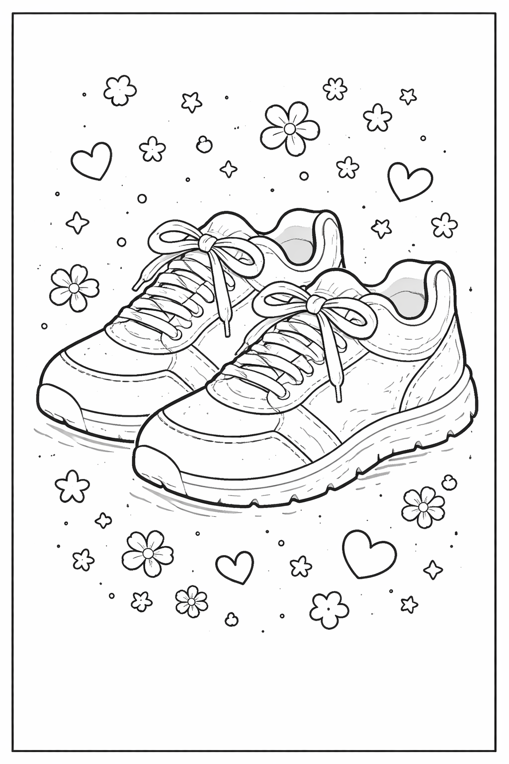 A pair of sneakers with laces surrounded by hearts and flowers, ideal for children to color. This coloring page encourages creativity with its fun and intricate design.