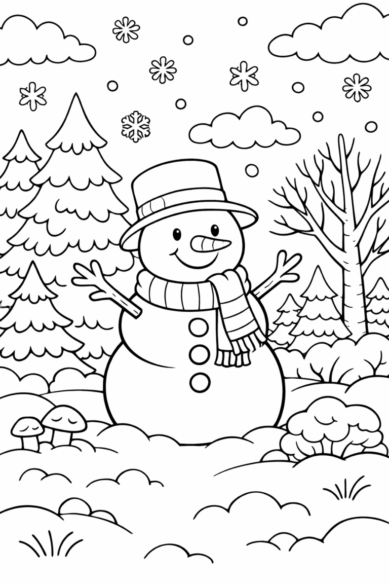 Cheerful snowman with hat and scarf surrounded by snowy trees, clouds, and falling snowflakes. Perfect for kids to color a festive winter day.