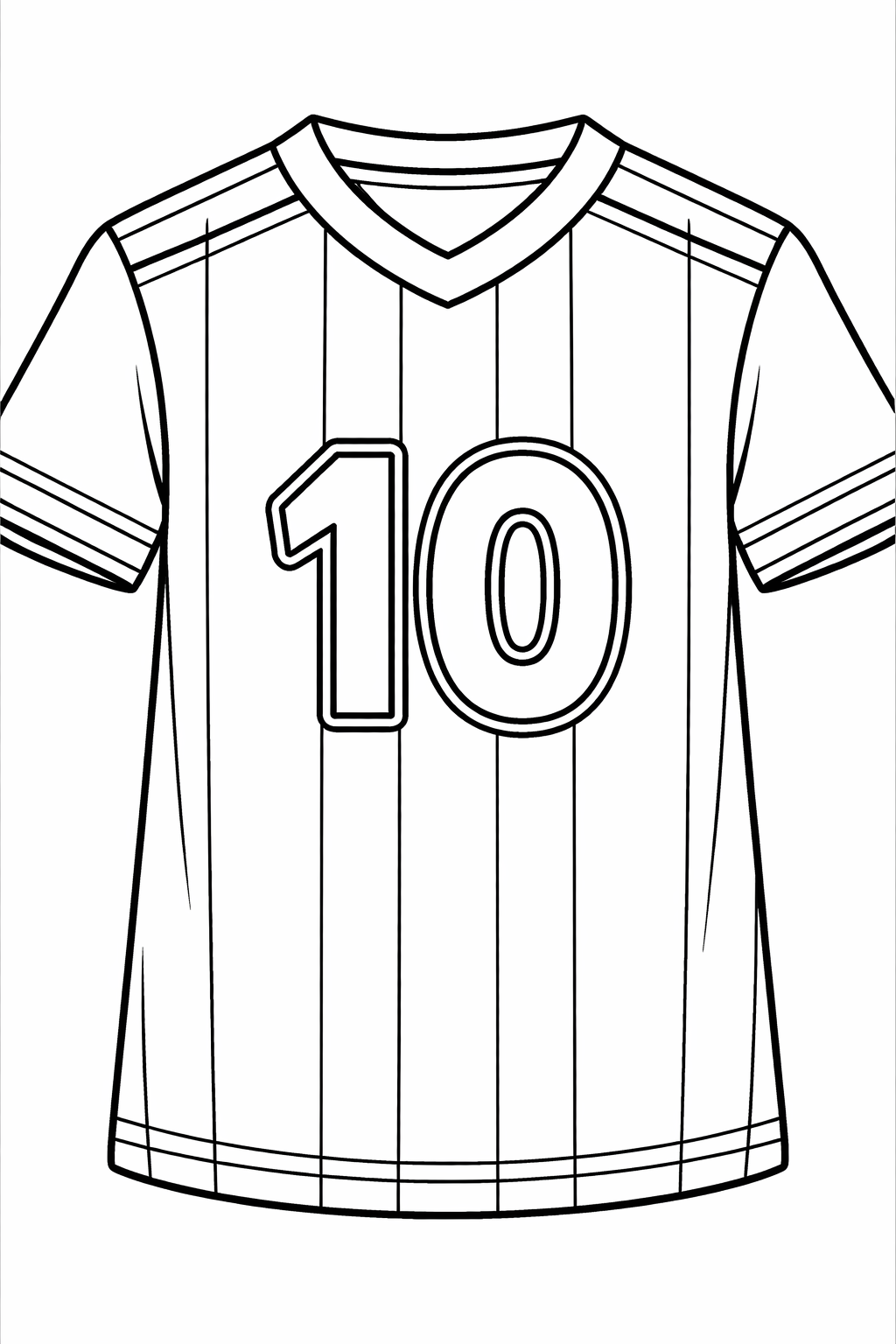 A coloring page of a soccer jersey with the number 10. Children can fill in their own color choices to personalize the sports theme, encouraging creativity and engagement with soccer.