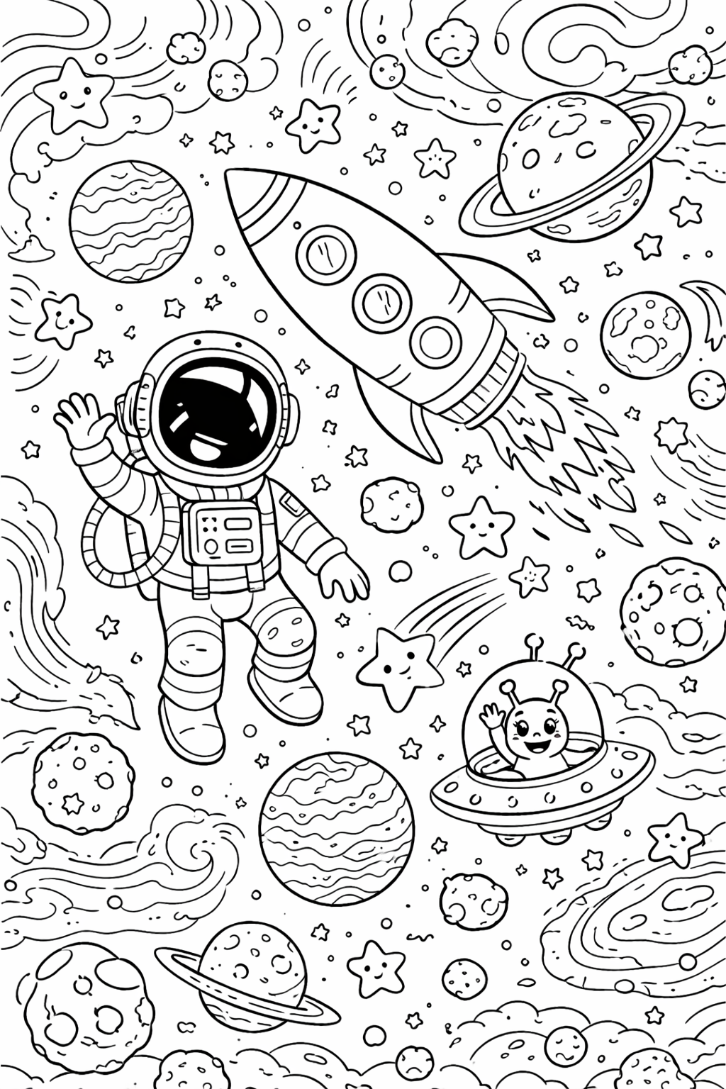 A coloring page depicting a friendly astronaut waving, an alien in a spaceship, and a rocket, surrounded by stars and planets. This engaging space scene is perfect for children to color and explore their imagination.