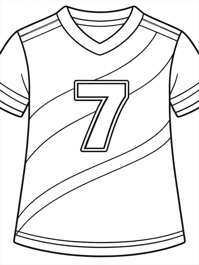 A simple sports jersey with number seven for children to color. The jersey has stripes and a v-neck, ideal for kids to express creativity with colors.