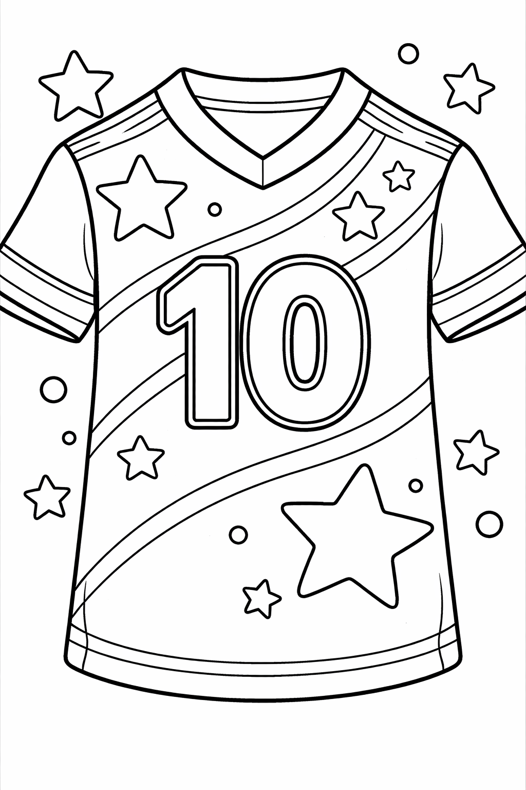 Children's coloring page featuring a sports jersey with star and stripe patterns. The jersey displays the number ten and offers a fun coloring opportunity for young sports fans, encouraging creativity and fine motor skill development.