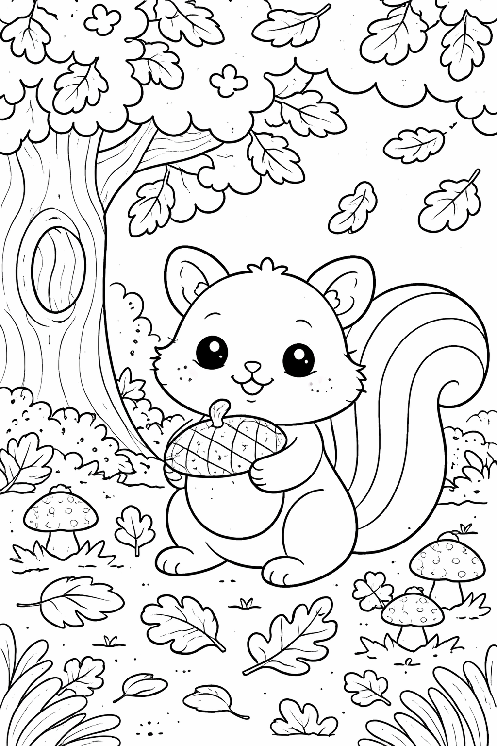 A charming coloring page depicting a cute squirrel holding an acorn in a forest, surrounded by leaves and mushrooms. This fun scene invites children to explore their creativity with colors.
