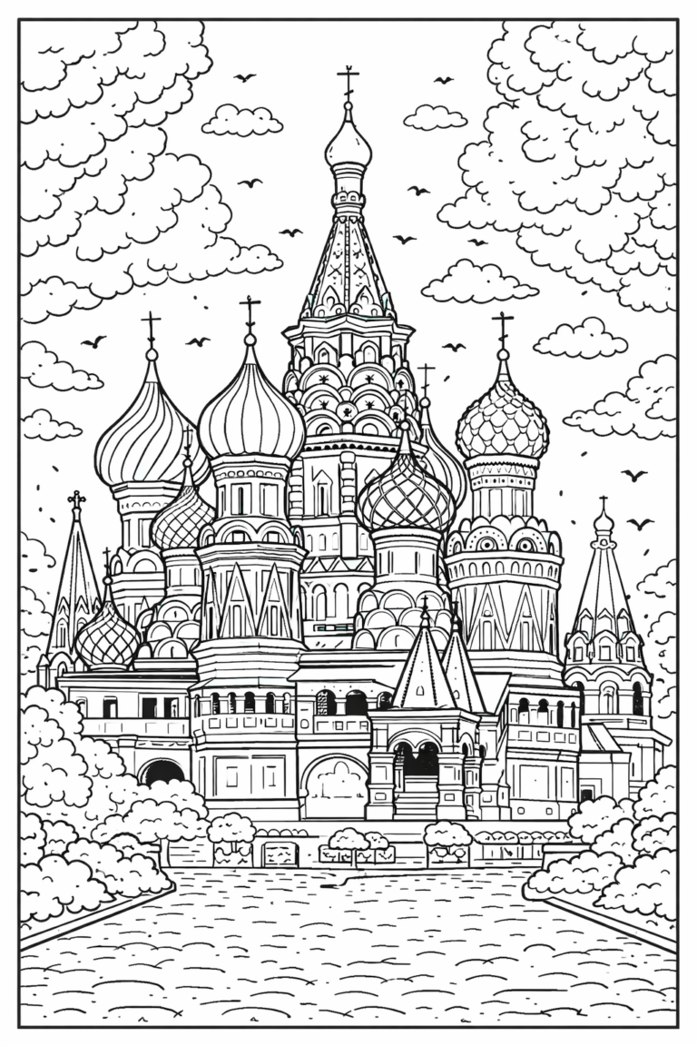 A detailed coloring page of St. Basil's Cathedral ideal for kids, showing its ornate onion domes and architectural details amid a scenic backdrop with clouds and trees.