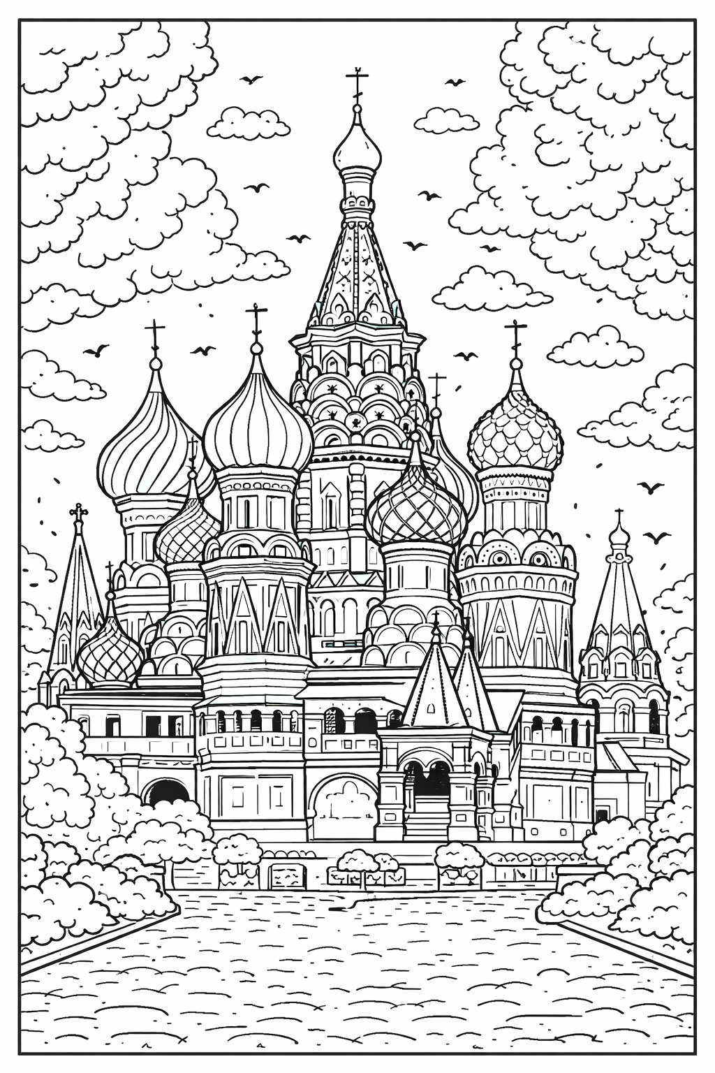 A detailed coloring page of St. Basil's Cathedral ideal for kids, showing its ornate onion domes and architectural details amid a scenic backdrop with clouds and trees.