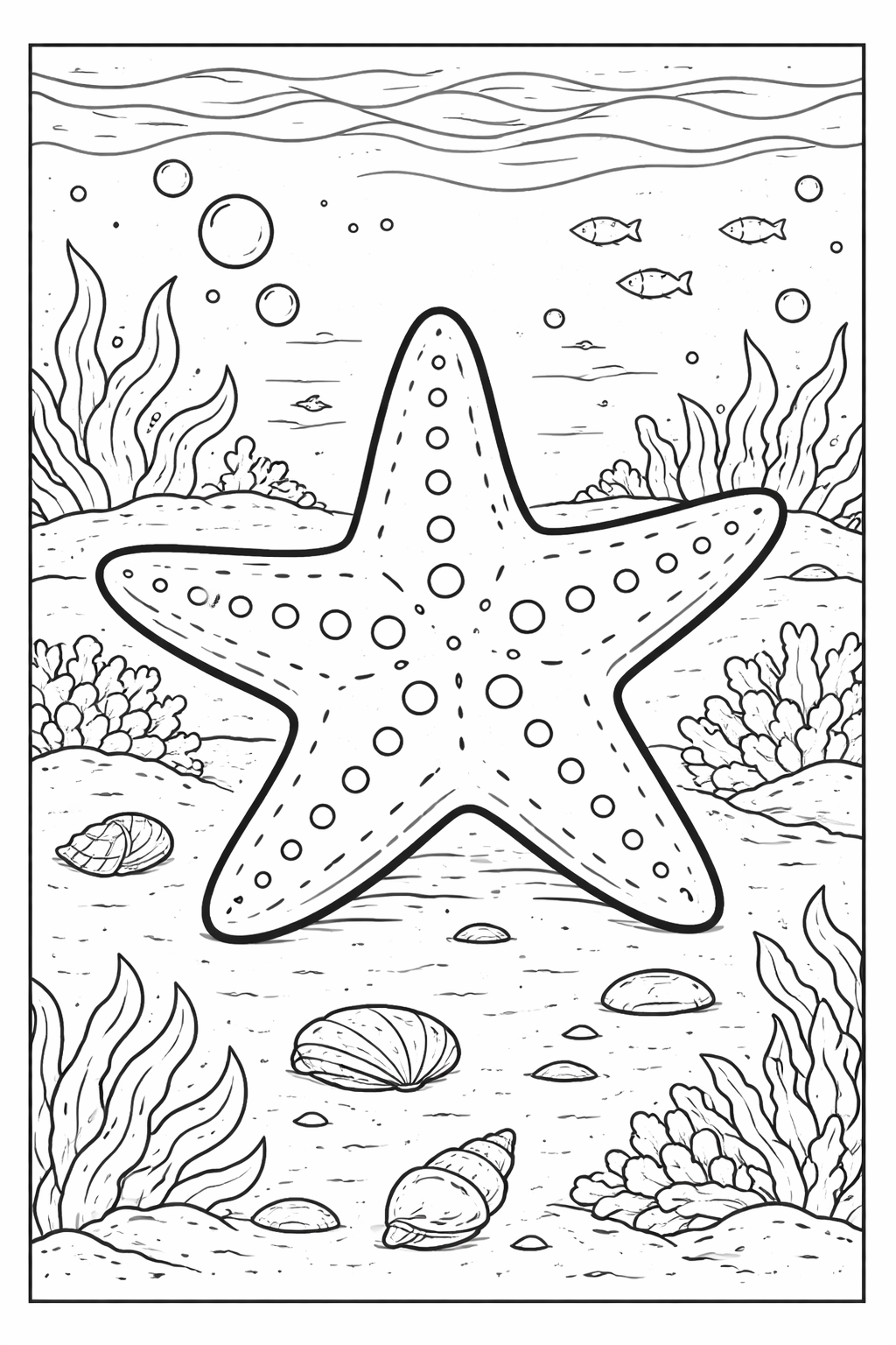 A starfish with intricate patterns is at the center of an underwater scene, surrounded by seashells, coral, and small fish, offering an engaging coloring experience for kids.