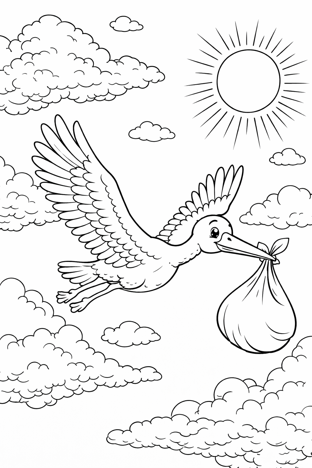 A coloring page of a stork carrying a bundle through cloudy skies with the sun shining. Kids can color the detailed feathers, fluffy clouds, and bright sun in this enchanting scene, adding their own creative touch.