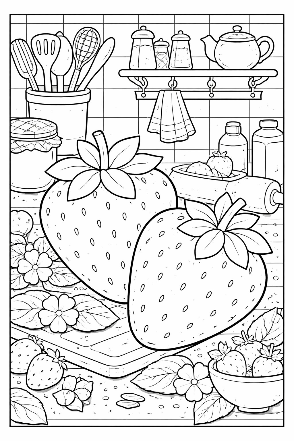 Children's coloring page with strawberries and kitchen items. Features large strawberries, kitchen utensils, pantry jars, and flowers to color. Perfect for sparking creativity and fun.