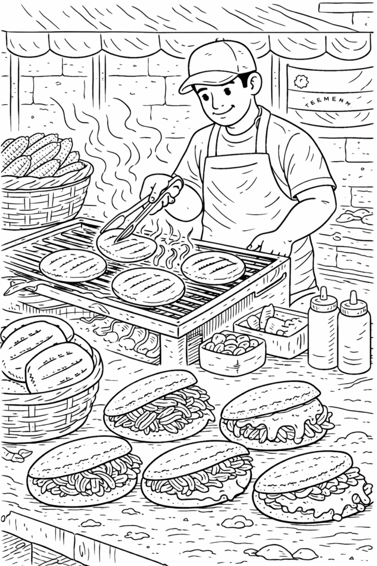 A street food vendor grills food with baskets of bread and sandwiches ready for serving. The scene is lively with various food items around, perfect for coloring.