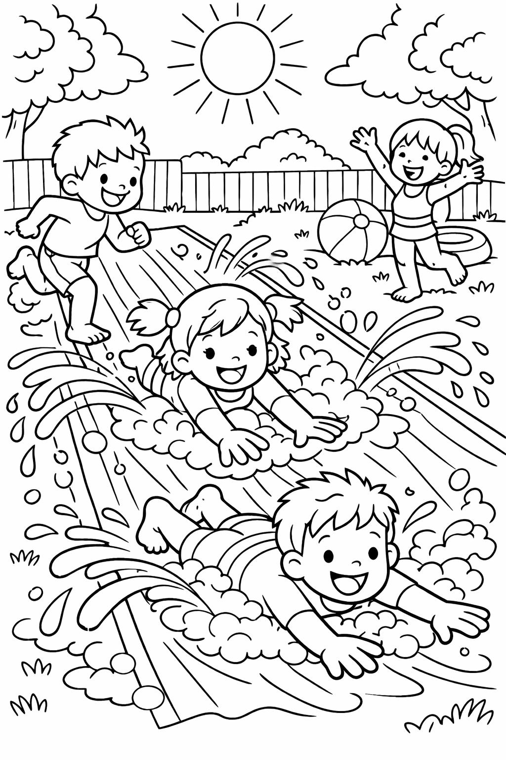 Children enjoying a summer day by playing on a slip-and-slide, with a bright sun and trees in the background, creating a joyful and lively scene.