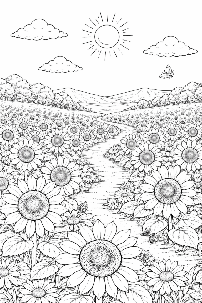 Children's coloring page depicting a vast sunflower field with a sunny sky, fluffy clouds, and a butterfly flying among the flowers. Rolling hills and a path complete the peaceful outdoor scene.
