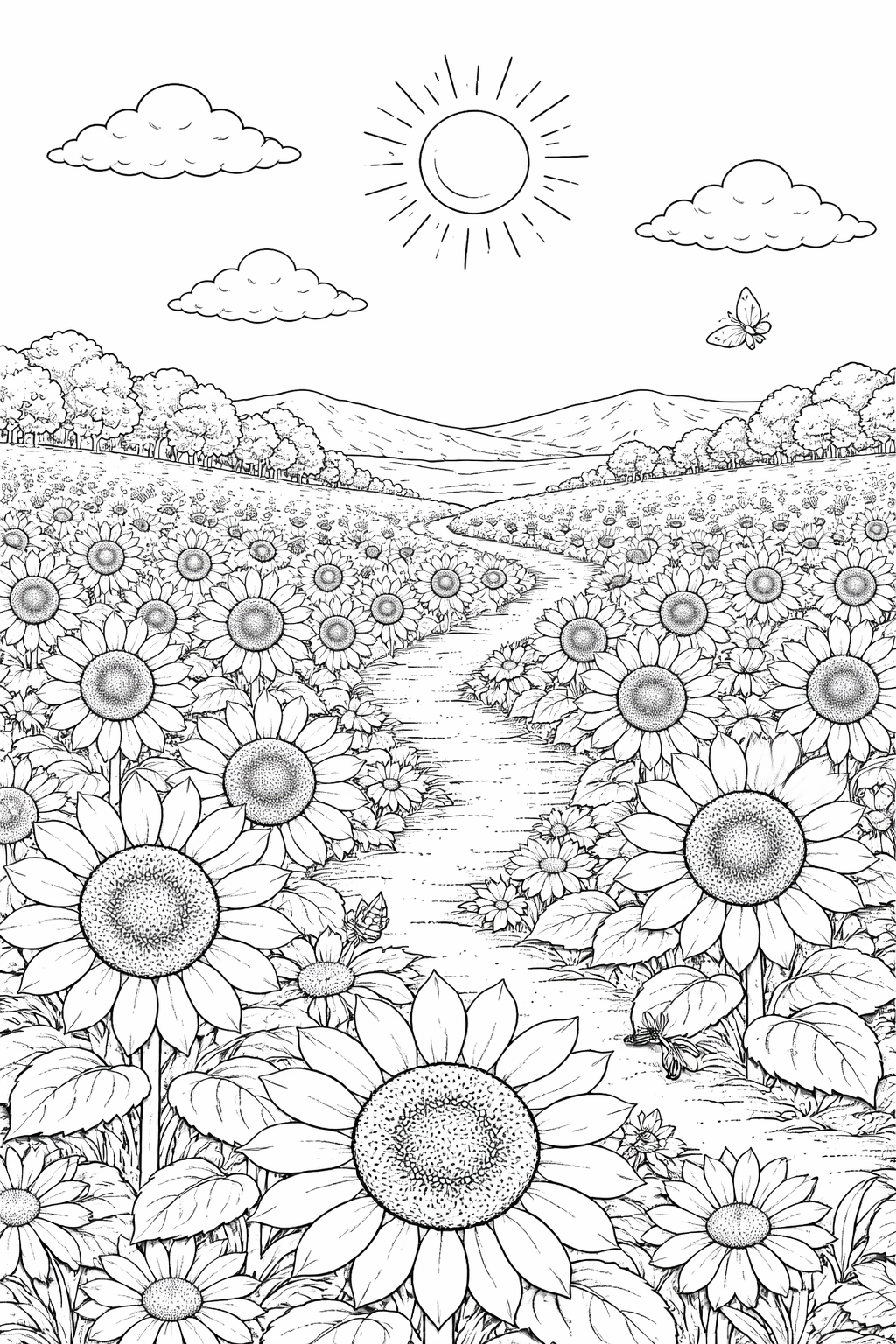 Children's coloring page depicting a vast sunflower field with a sunny sky, fluffy clouds, and a butterfly flying among the flowers. Rolling hills and a path complete the peaceful outdoor scene.