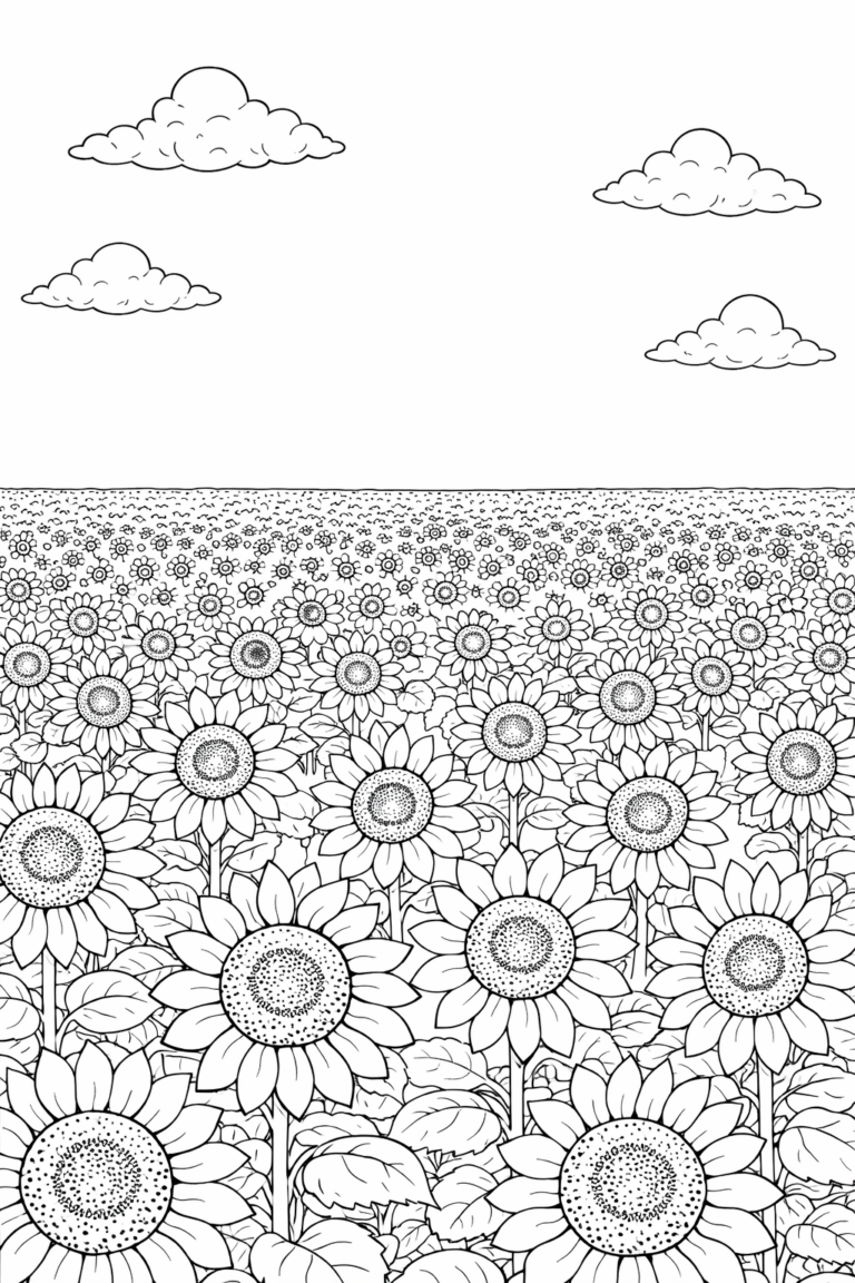 A captivating coloring page featuring an endless field of sunflowers under a clear sky with clouds. It offers children a delightful scene to color, encouraging creativity and attention to detail.
