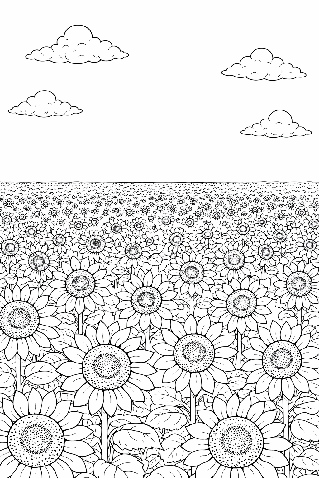 A captivating coloring page featuring an endless field of sunflowers under a clear sky with clouds. It offers children a delightful scene to color, encouraging creativity and attention to detail.