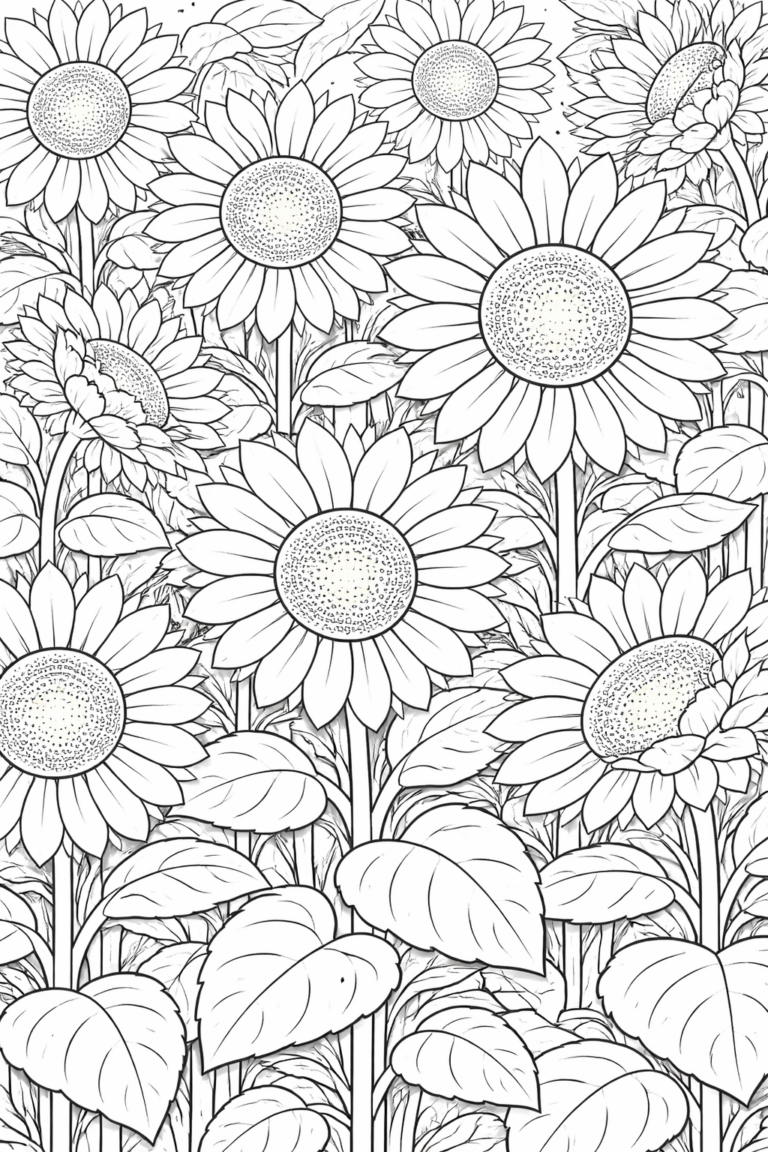 Detailed sunflower coloring page with tall blooms and intricate petals, providing a beautiful nature scene for children to color. Ideal for creative kids.
