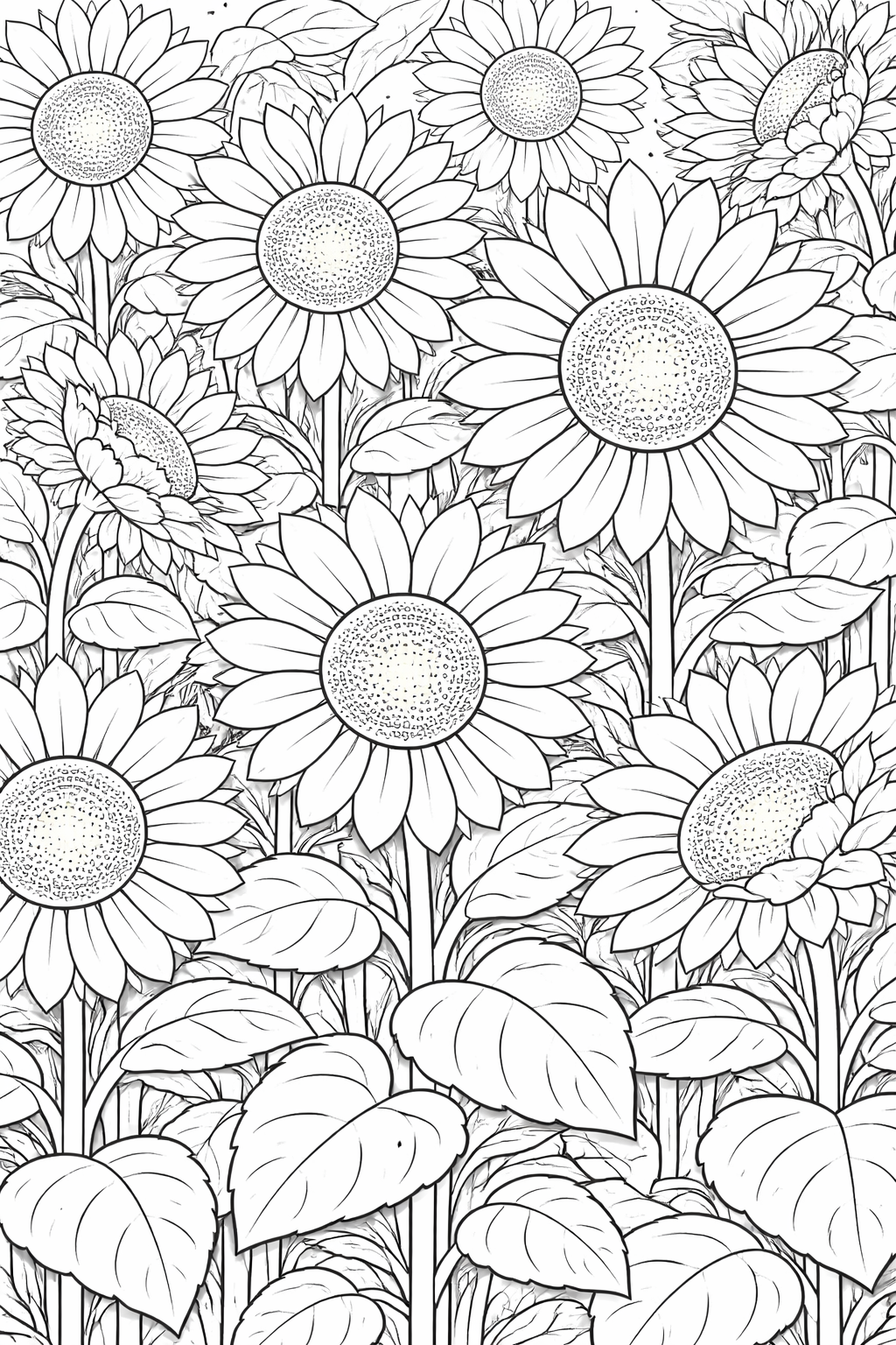 Detailed sunflower coloring page with tall blooms and intricate petals, providing a beautiful nature scene for children to color. Ideal for creative kids.