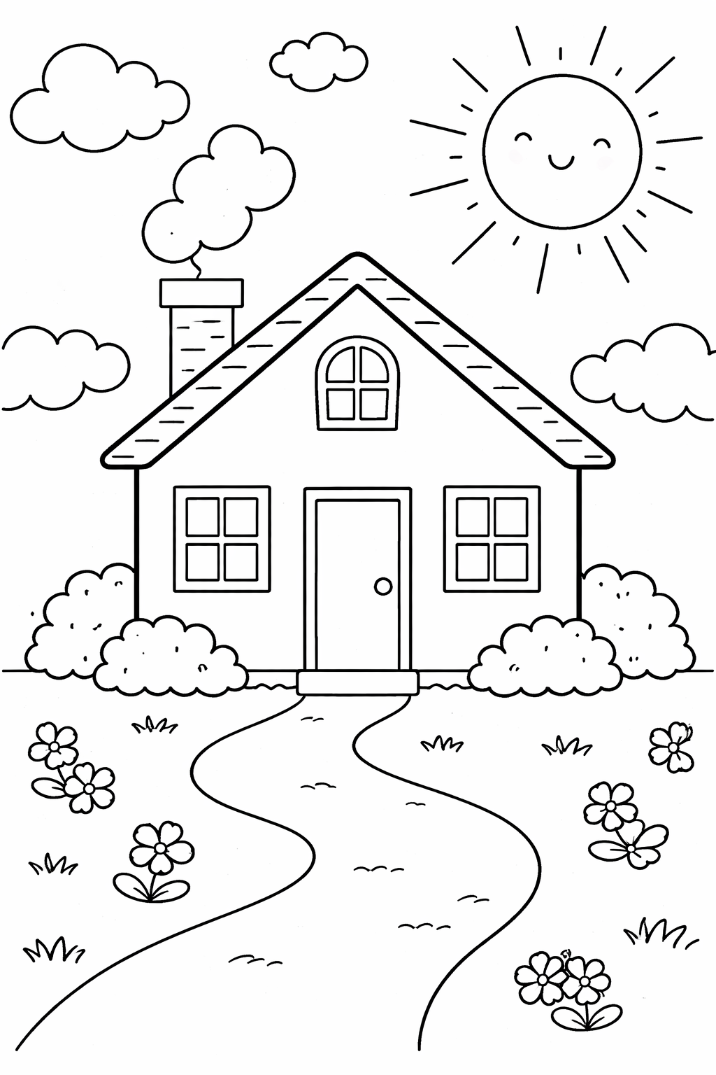 Children can color a charming house with a smiling sun, winding path, fluffy clouds, and vibrant flowers in this delightful outdoor scene.