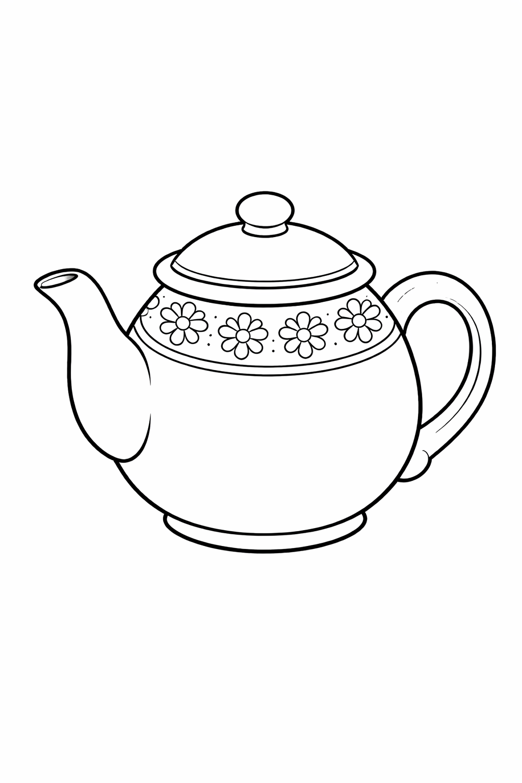 A charming teapot with a floral design, inviting children to color the kettle and its decorative flowers, enhancing creativity and concentration.