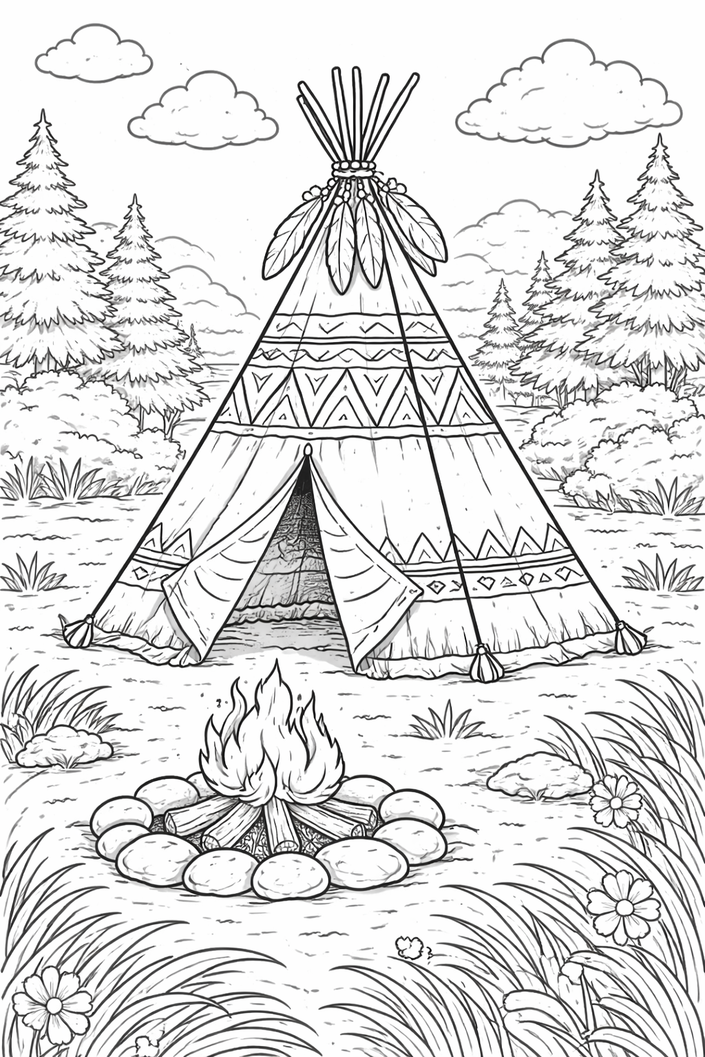 A detailed teepee amidst a forest landscape, with a cozy campfire in the foreground, perfect for a children's coloring page.