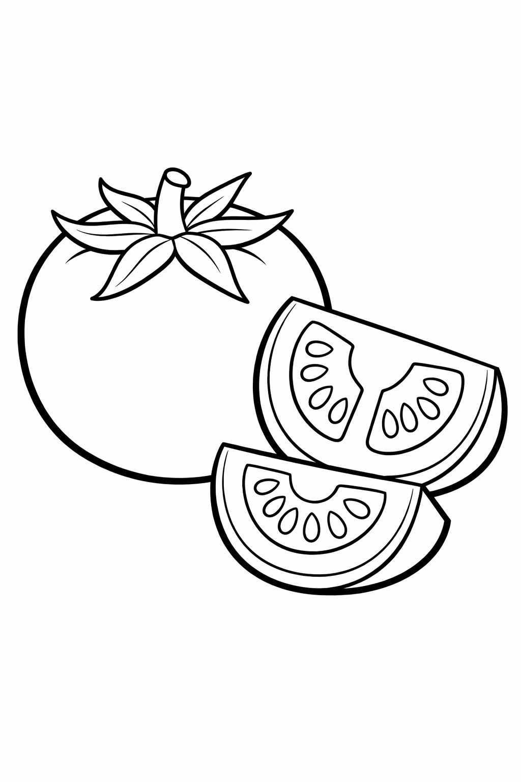 Tomato coloring page with a whole tomato and slices, ideal for children to color with red and green crayons or markers.