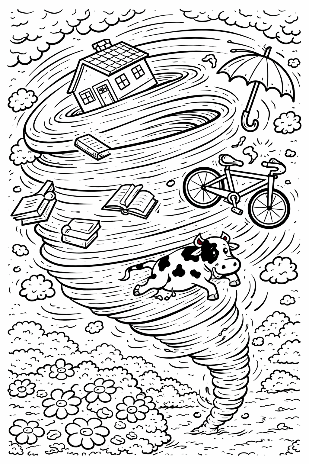 A dynamic coloring page with a tornado in action, carrying a house, cow, umbrella, bicycle, and books, swirling through a field of flowers under a cloudy sky.
