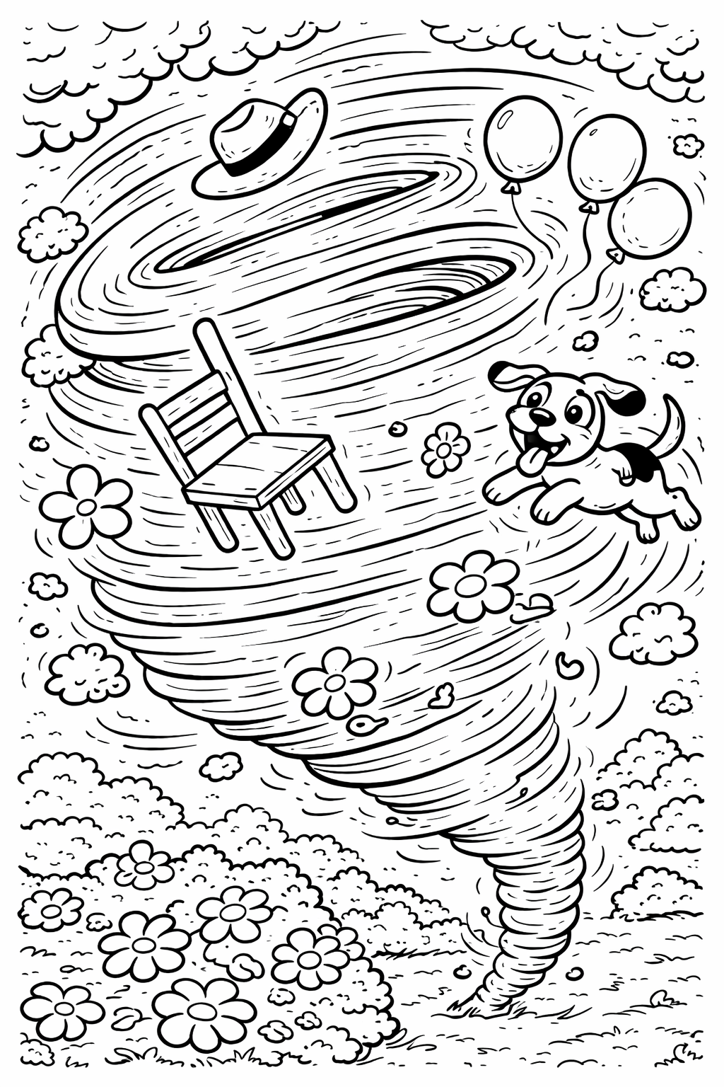 Coloring page with a fun tornado scene displaying swirling objects like a chair, balloons, and a playful dog in the air. The dynamic imagery encourages creativity with captivating elements like flowers and clouds.