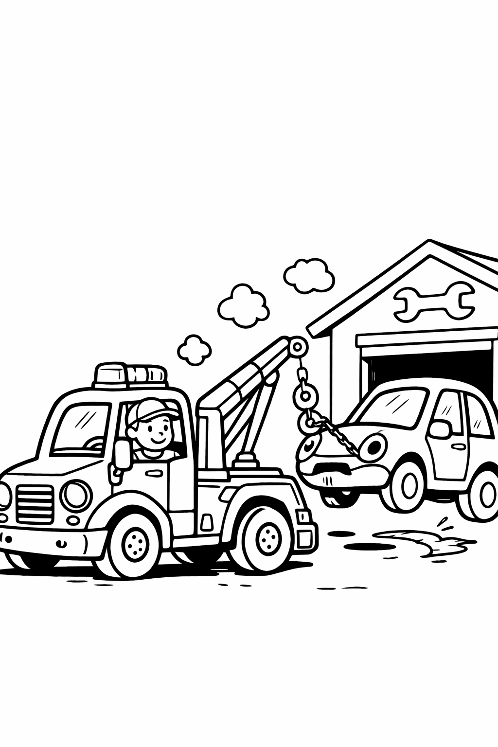 A detailed coloring page showing a tow truck lifting a car near a garage with a wrench symbol, including a smiling driver ready for action.