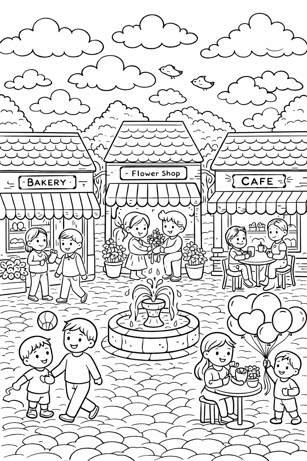 Charming town center with children playing and enjoying activities near a bakery, flower shop, and cafe. A central fountain adds to the lively atmosphere, with balloons, flowers, and smiling faces.