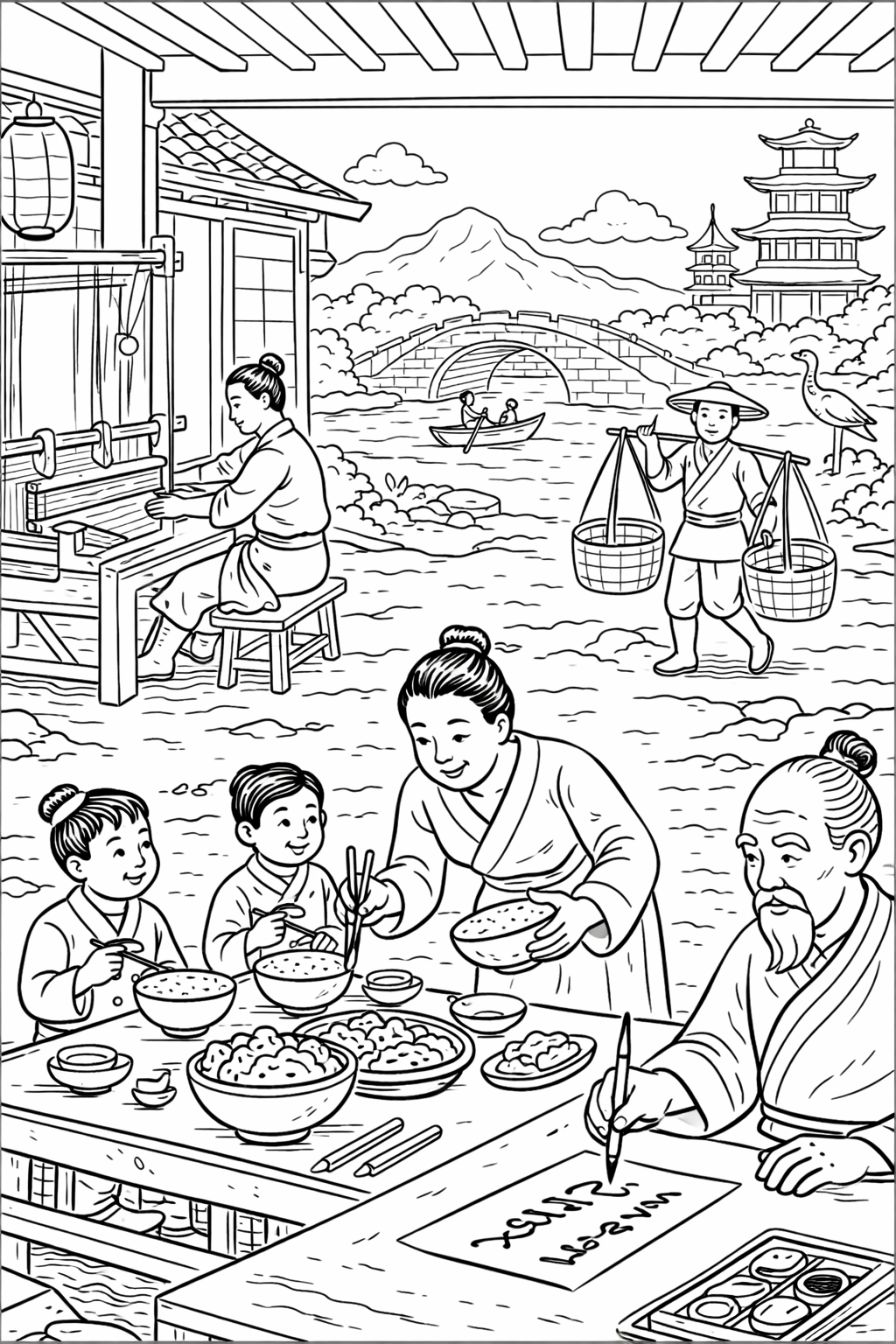 A detailed coloring page depicting a traditional village scene with a family meal, a weaver working, and a scenic backdrop with a bridge and pagoda. This intricate artwork offers numerous elements for children to color.