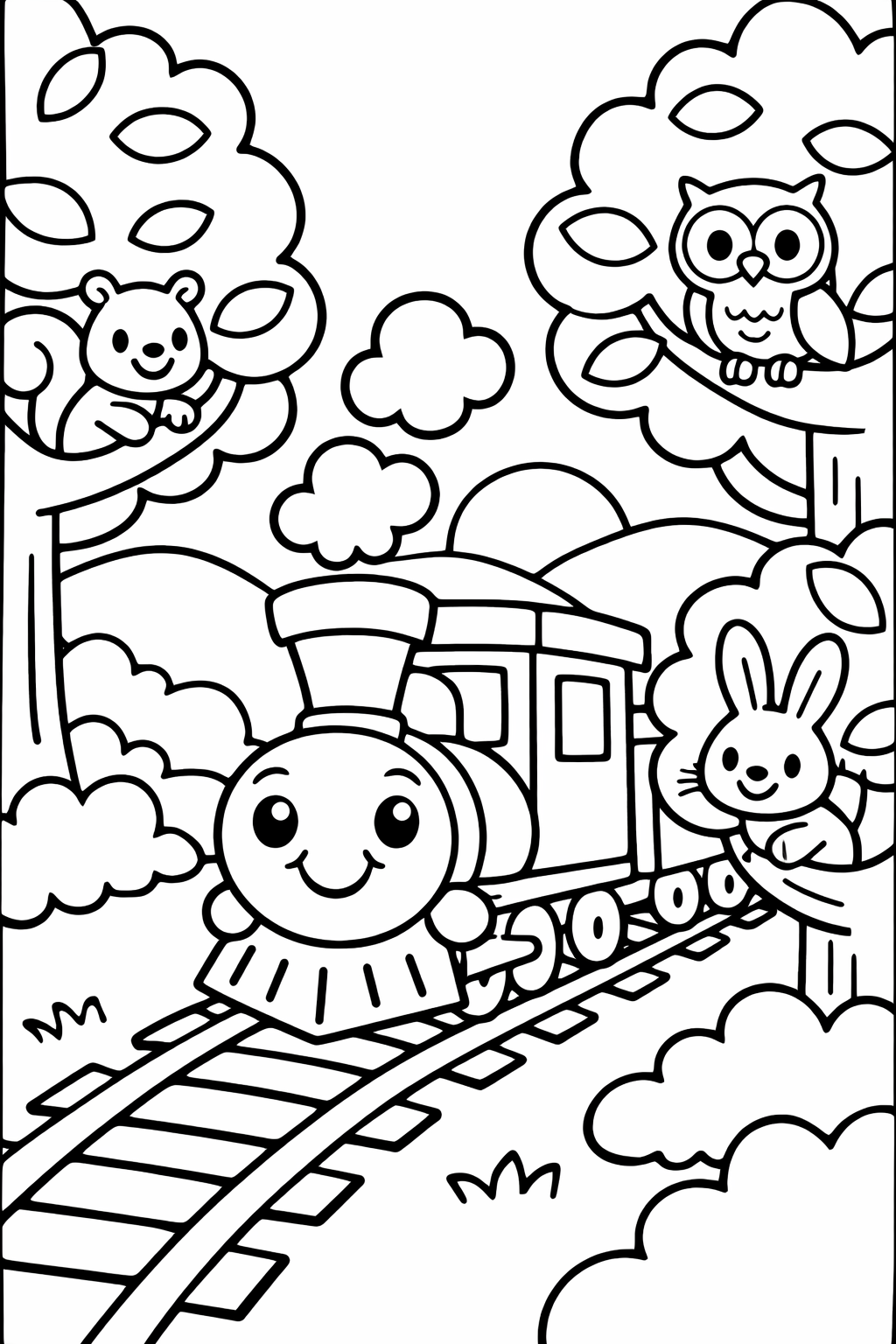 A cute train travels through a forest, with friendly animals including a squirrel, an owl, and a bunny watching from the trees, creating a playful and inviting scene for children to color.