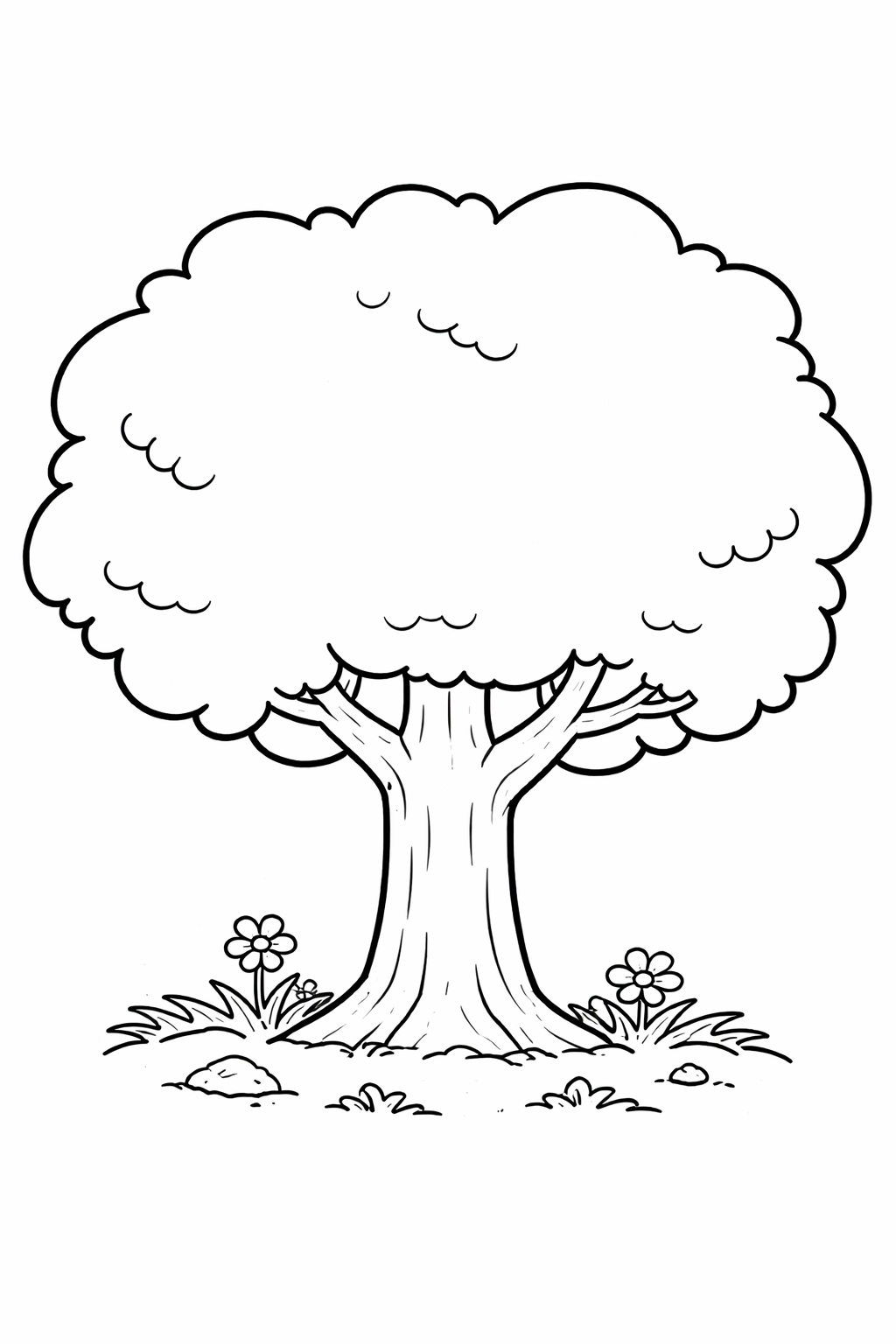 A children’s coloring page depicting a large tree with a big leafy canopy, standing in a grassy field with small flowers. Ideal for encouraging young artists to color and explore nature.