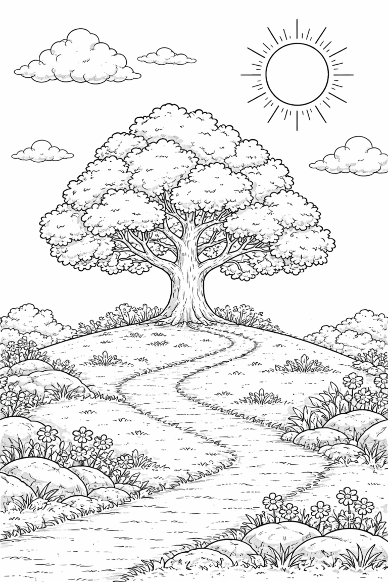 A coloring page with a large tree atop a hill. Surrounding the tree are flowers, rocks, and a sun-lit sky with fluffy clouds. The scene exudes tranquility and is perfect for children to color.