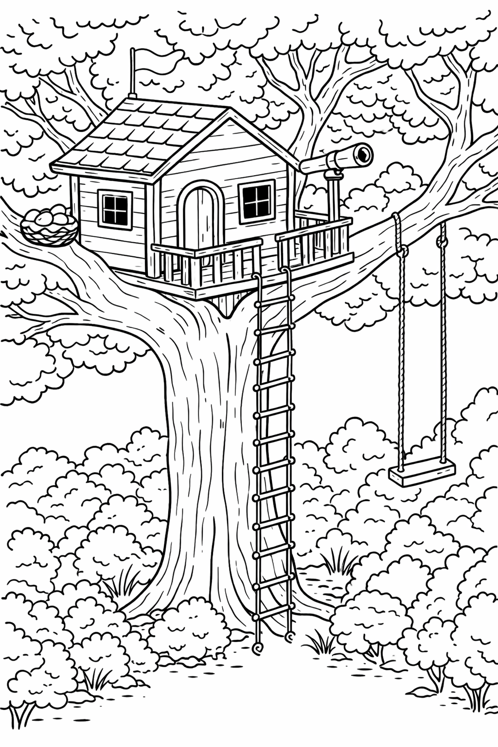 A detailed treehouse coloring page with a charming treehouse, swing, and ladder. Perfect for kids to color and explore their imagination in an outdoor setting.
