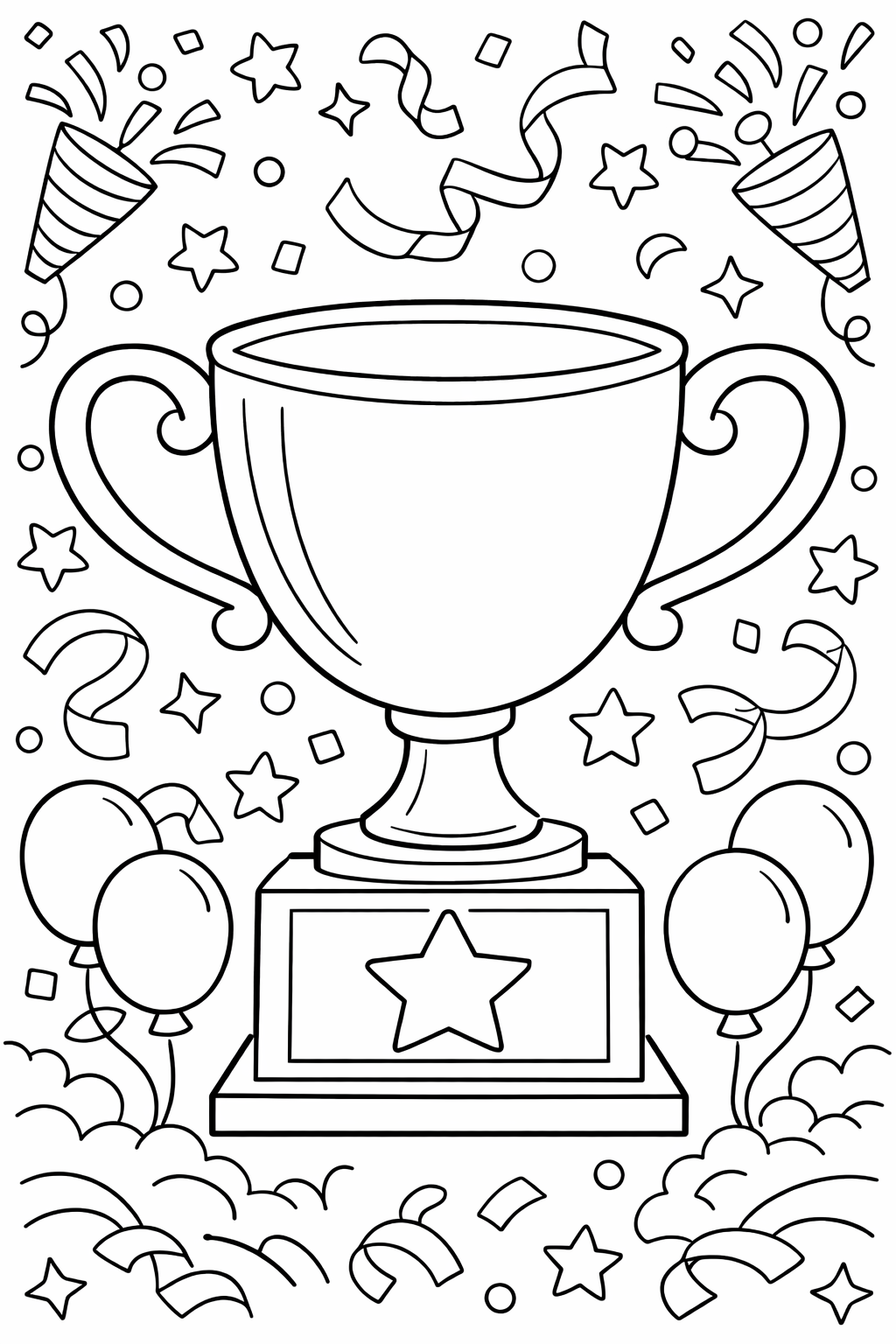 A captivating coloring page with a trophy, balloons, stars, and swirling confetti. Ideal for kids to express creativity, highlighting celebration and achievement.